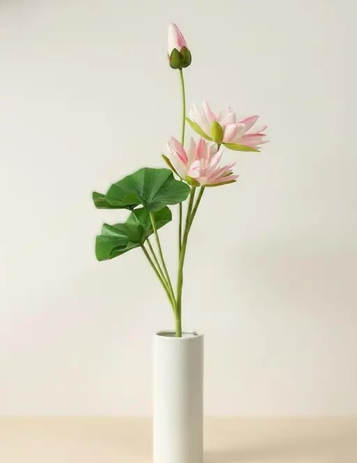 Artificial Pink Lotus Stick with 3 Flowers & Realistic Green Leaves